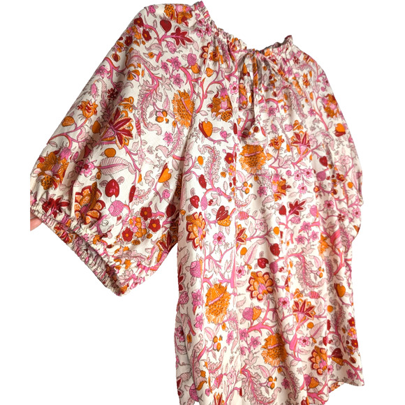 Knox Rose Boho Cottage Prairie Peasant Strawberry Floral Print Puff Sleeve Top L - Picture 5 of 10